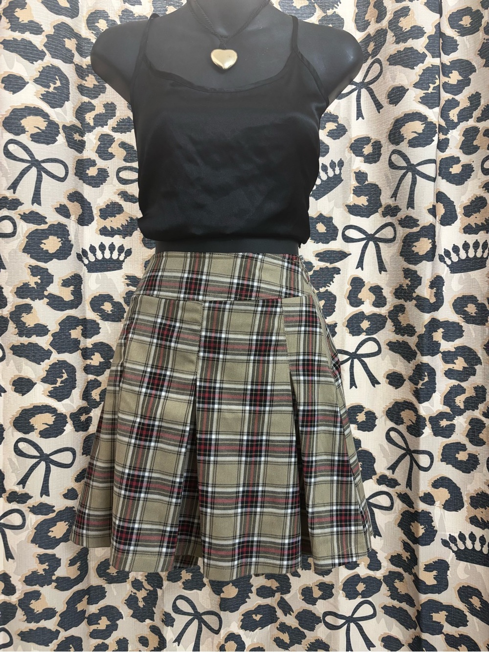 Jolt tan Plaid Pleated Skater Skirt with Red Accents